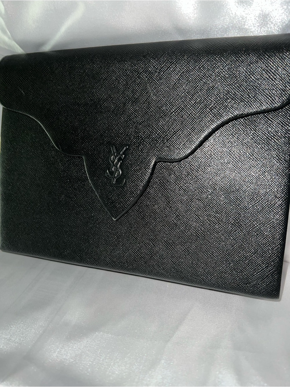 Saint Laurent Black Textured Leather Clutch with Embossed YSL